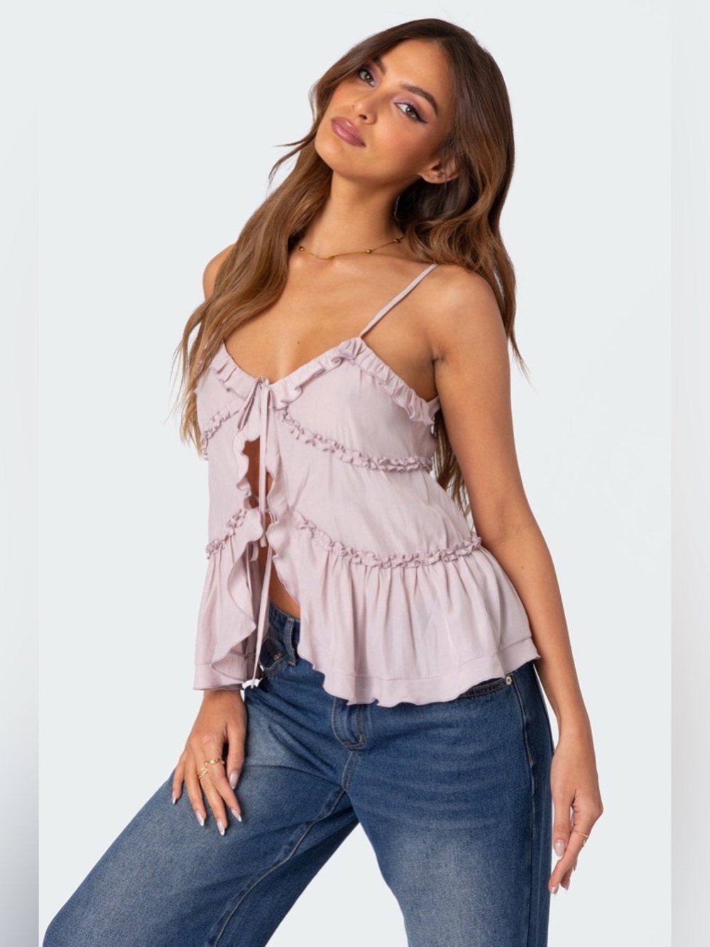 Edikted “Juniper” Tie Front Ruffle Top – Lilac | Size Small